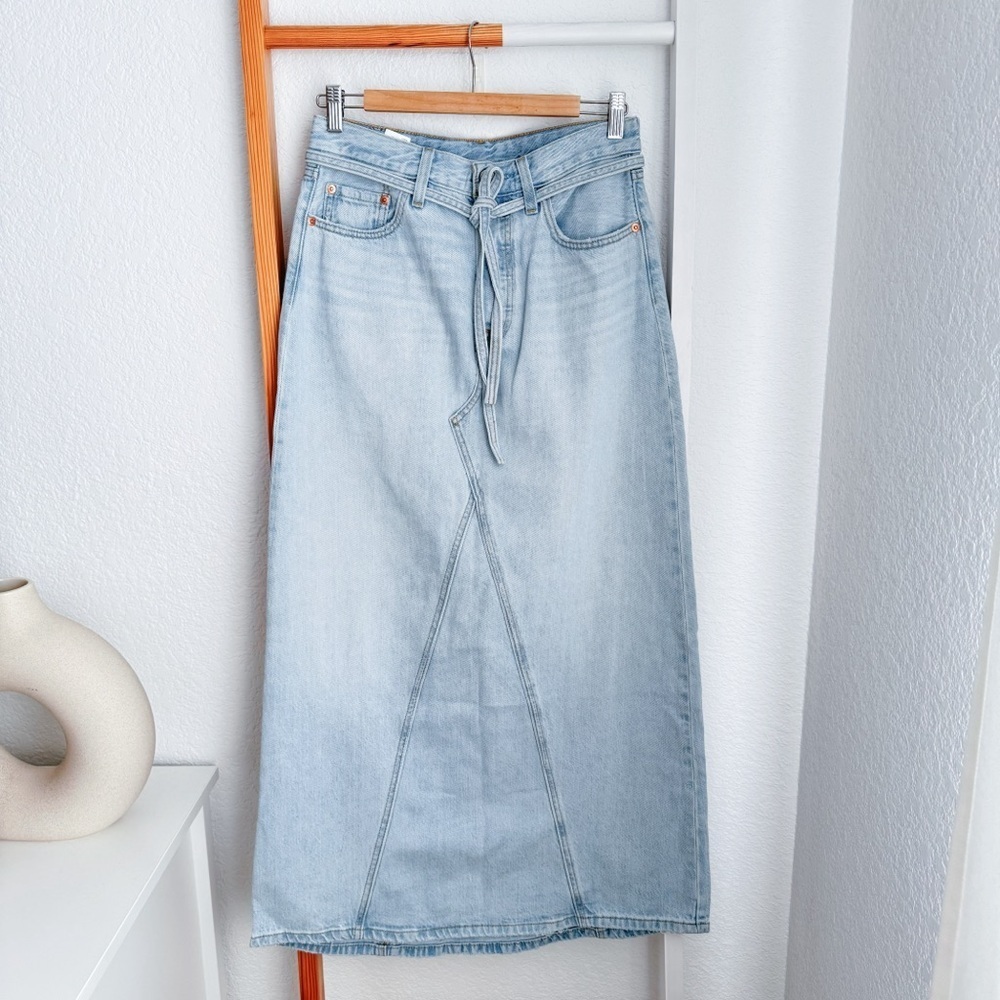 Levi’s Iconic Long Skirt Light Indigo Blue Denim Waist Tie - Picture 4 of 13